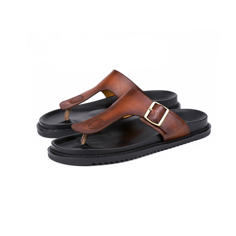 DapperG Coffee Brown Buckle Strap Leather Slip On Sandals