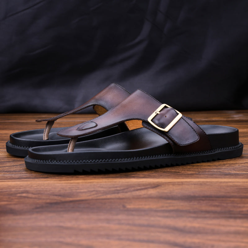 DapperG Coffee Brown Buckle Strap Leather Slip On Sandals